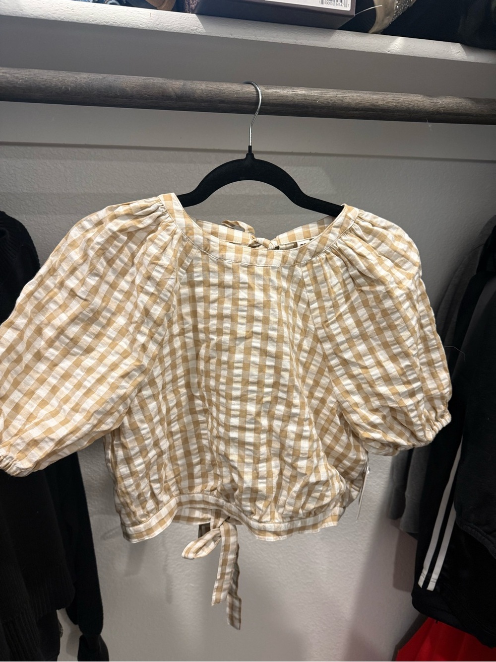 bp Yellow and White Gingham Puff-Sleeve Tie-Front Top